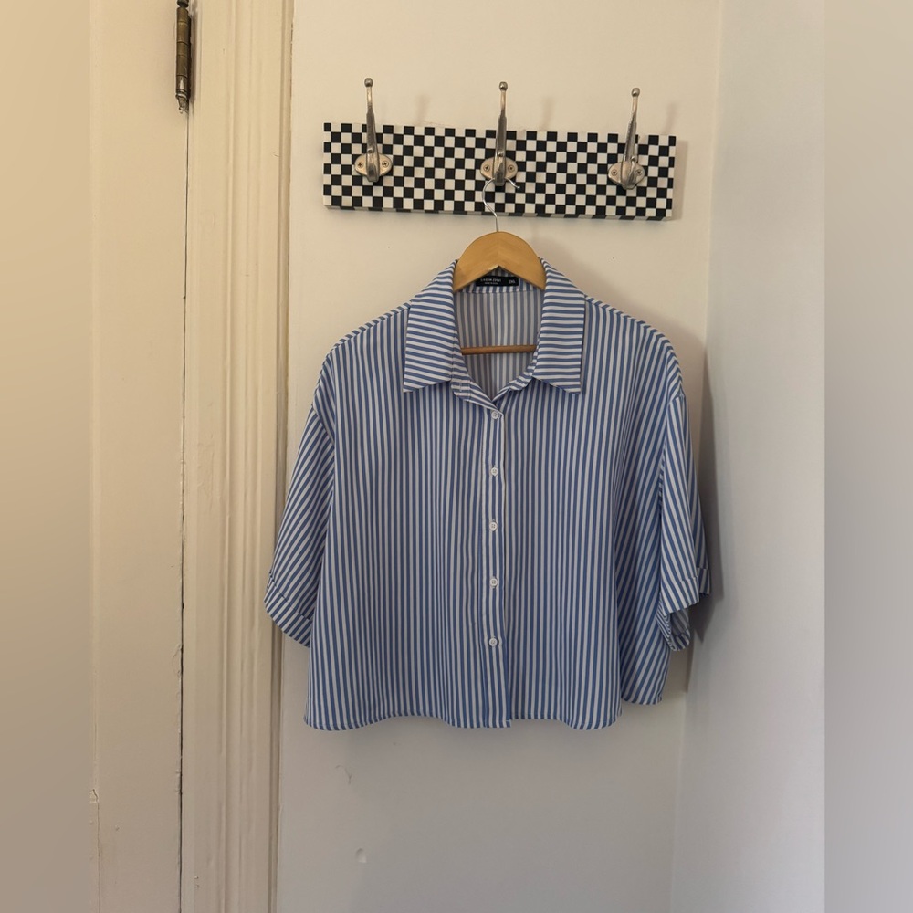 Blue and White Striped Button-Up Cropped Shirt